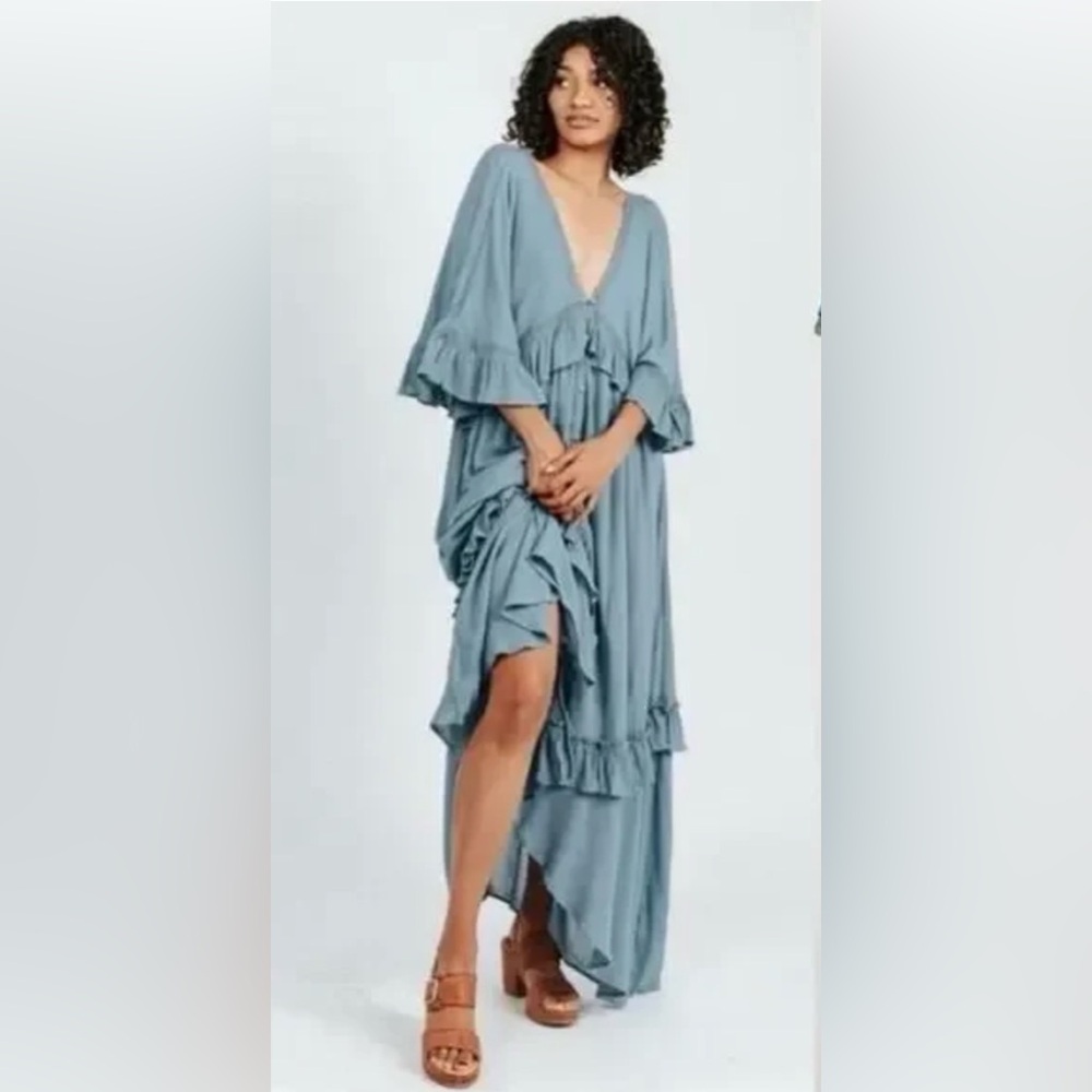 Free People Sage Blue Ruffled Maxi Dress